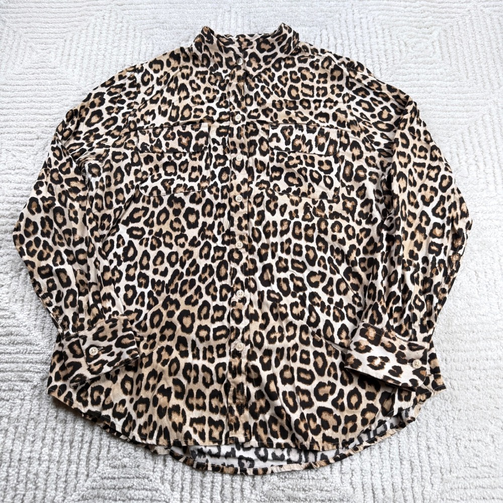 Chico's Leopard Print Button Women 1 8 10 Tan Black Animal Shirt  Work Safari
